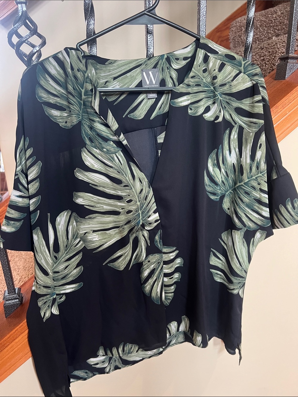 W by Worth Black Blouse with Green Tropical Leaf Print